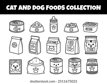 Conjunto de Ilustración vectorial de contorno de alimentos para gatos y perros