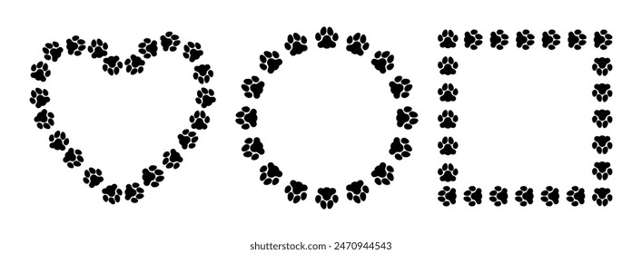 Cat, dog footprint frame. Pets paws border. Black cute animals round, heart and square shape frames. Template banners with silhouette footprints trail and paw path. Vector set