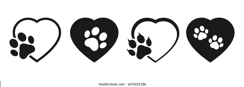cat and dog footprint inside heart, vector icon logo design template, animal  paw print isolated on white background, 