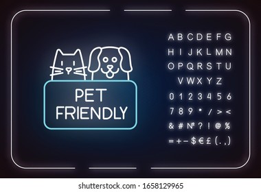 Cat and dog friendly area neon light icon. Puppy and kitten permitted zone, pets welcome. Outer glowing effect. Sign with alphabet, numbers and symbols. Vector isolated RGB color illustration