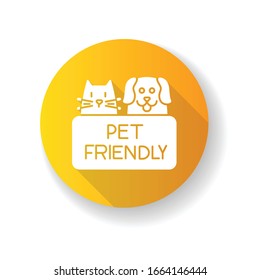 Cat and dog friendly area yellow flat design long shadow glyph icon. Puppy and kitten permitted zone. Domestic animals allowed territory, pets welcome institution. Silhouette RGB color illustration