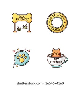 Cat and dog friendly areas emblems RGB color icons set. Four-legged friends allowed territories signs. Kitty and doggy welcome, animals permitted zones. Isolated vector illustrations