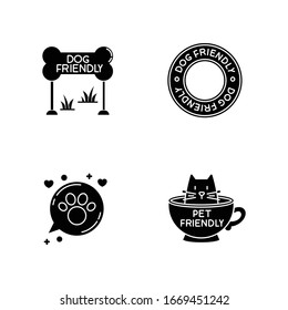 Cat and dog friendly areas emblems black glyph icons set on white space. Four-legged friends allowed territories signs. Kitty and doggy welcome. Silhouette symbols. Vector isolated illustration