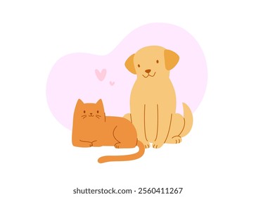 Cat and dog friends flat illustration. Cute vector pets in harmony. Friendship between dog and cat