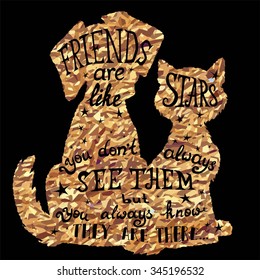 Cat and dog friends golden foil card for Friendship Day with quote. Lettering greeting cards for all holidays series.
