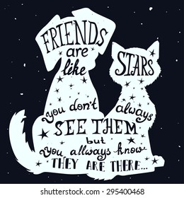 Cat and dog friends grungy card for Friendship Day with quote.