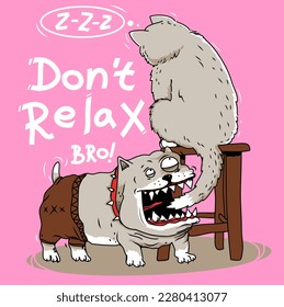 Cat and dog friendship. Dog bites the tail of a sleeping cat. Don't relax bro. Vector illustration. 