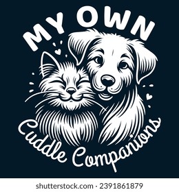 Cat and Dog Friendship Illustration - My Own Cuddle Companions