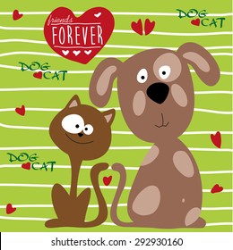 Cat and dog friendship illustration vector. Cute cat and dog sitting and smiling loving each other.