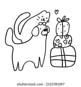 Cat and dog. Gift boxes. Birthday party. Vector outline illustration on white background.