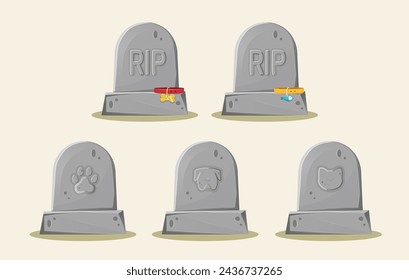 Cat and dog gravestones with faces and foot print decorated. Pet funeral, set of isolated illustrations. 