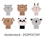 Cat, dog, grizzly bear, bunny rabbit, panda, koala set. Funny face head. Cute kawaii cartoon character. Valentines Day. Childish style. Sticker print. Greeting card White background Flat design Vector