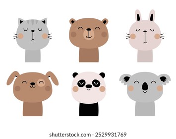 Gato, perro, oso pardo, conejo, panda, koala. Cabeza de cara graciosa. Lindo personaje de dibujos animados kawaii. Día de San Valentín. Estilo infantil. Impresión de la etiqueta engomada. Tarjeta de felicitación Fondo blanco Vector de diseño plano