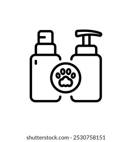 Cat and dog grooming and care. Pet shampoo in bottle with paw line icon. Grooming cosmetics for pets, isolated on white background.