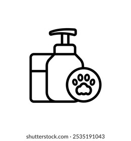 Cat and dog grooming and care. Pet shampoo in bottle with paw line icon. Grooming cosmetics for pets, isolated on white background.