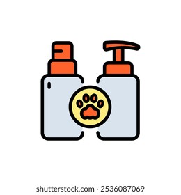 Cat and dog grooming and care. Pet shampoo in bottle with paw color icon. Grooming cosmetics for pets, isolated on white background.