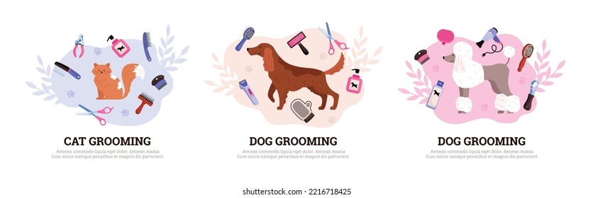 Cat and dog grooming posters, cute pets with tools for grooming, flat vector illustration isolated on white. Cleaning and hygienic care of pets. Grooming salon advertising.