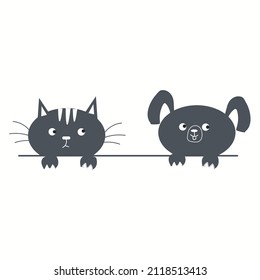 Cat dog happy face head icon. Hands paw holding table line. 