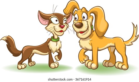 Cat and dog have met, cartoon vector illustration isolated on white