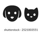 Cat and dog head icon. Simple stylized pet face pictogram, black silhouette with eyes and nose. Vector illustration set.