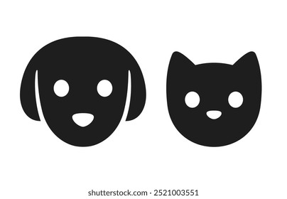 Cat and dog head icon. Simple stylized pet face pictogram, black silhouette with eyes and nose. Vector illustration set.