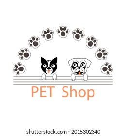 Cat and dog head, kitten and puppy face, pow, outline and cut out doodle. Hand drawn pet head for pet shop or pet carrying shelter, vet design. Vector illustration isolated on white