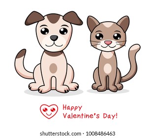 Cat and dog with heart. Valentines day card.