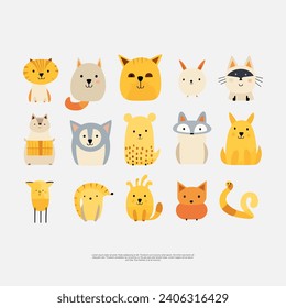 cat, dog, hedgehog, rabbit Cartoon animals. Vector hand-drawn colored children's simple set with cute Magical animals and in scandinavian style on a white background.