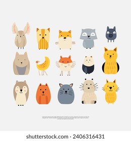 cat, dog, hedgehog, rabbit Cartoon animals. Vector hand-drawn colored children's simple set with cute Magical animals and in scandinavian style on a white background.