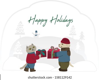 Cat and Dog holding gift box on winter background cartoon vector