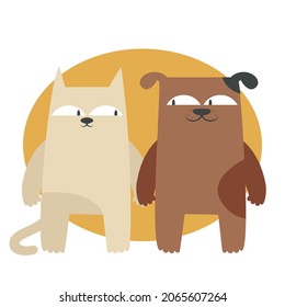 Cat and dog holding paws. Illustration with funny pets
