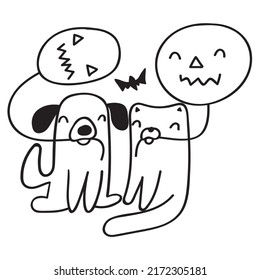 Cat and dog holds balloons. Halloween concept. Outline vector illustration on white background.