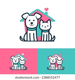 Logotipo del hogar y del corazón de gatos y perros, logotipo de arte de línea simple para el tema de mascotas, adopción, rescate, ilustración vectorial