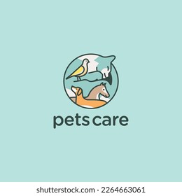 Cat, dog, horse and bird in circle shape pets care logo icon design concept. Vector illustration isolated object on background