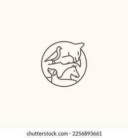 Cat, dog, horse and bird line art outline circle logo vector icon illustration