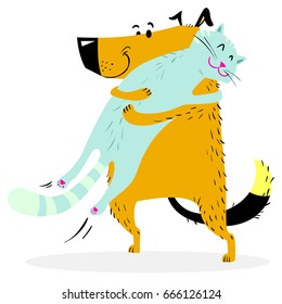 Cat and dog are hugging. Friendly pets. Vector illustration with couple of cute animals