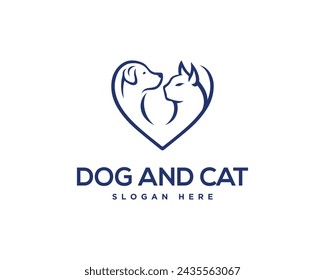 Cat and dog hugging logo design concept vector template.
