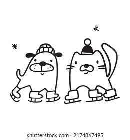 Cat and dog ice skating. Outline vector illustration.