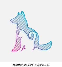 cat and dog icon. Colored logo with diagonal lines and blue-red gradient. Neon graphic, light effect