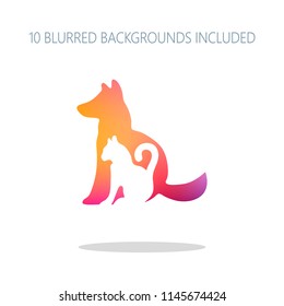 cat and dog icon. Colorful logo concept with simple shadow on white. 10 different blurred backgrounds included
