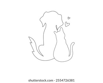 Cat and dog icon drawing outline. kitten, Pet love icon symbol. puppy heart style, black line art vector illustration.