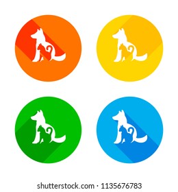 cat and dog icon. Flat white icon on colored circles background. Four different long shadows in each corners