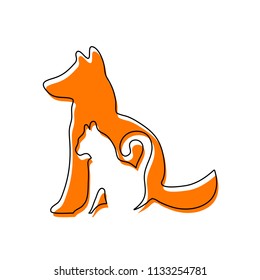 cat and dog icon. Isolated icon consisting of black thin contour and orange moved filling on different layers. White background