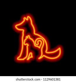 cat and dog icon. Orange neon style on black background. Light icon