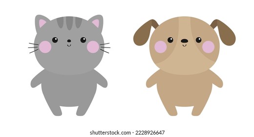 Cat dog icon set  Funny head face  Pink cheek  Cute funny kawaii doodle baby animal  Cartoon character  Two friends  Pet collection  Kitten kitty puppy pooch  Flat design  White background  Vector
