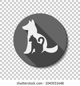 cat and dog icon. White flat icon with long shadow in circle on transparent background