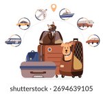 Cat and dog inside pet carriers surrounded with suitcases and different kinds of transport icons flat vector illustration isolated on white. Traveling with pet concept.