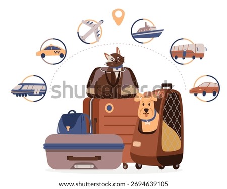 Cat and dog inside pet carriers surrounded with suitcases and different kinds of transport icons flat vector illustration isolated on white. Traveling with pet concept.