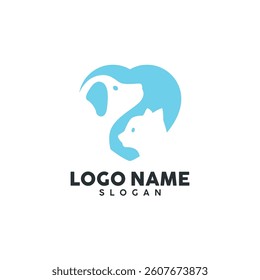 cat and dog isolated on footprints with love logo vector design