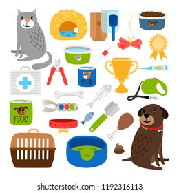 Cat and dog items. Stuff for cats and dog infographic service and animal store, medication and grooming item set vector illustration